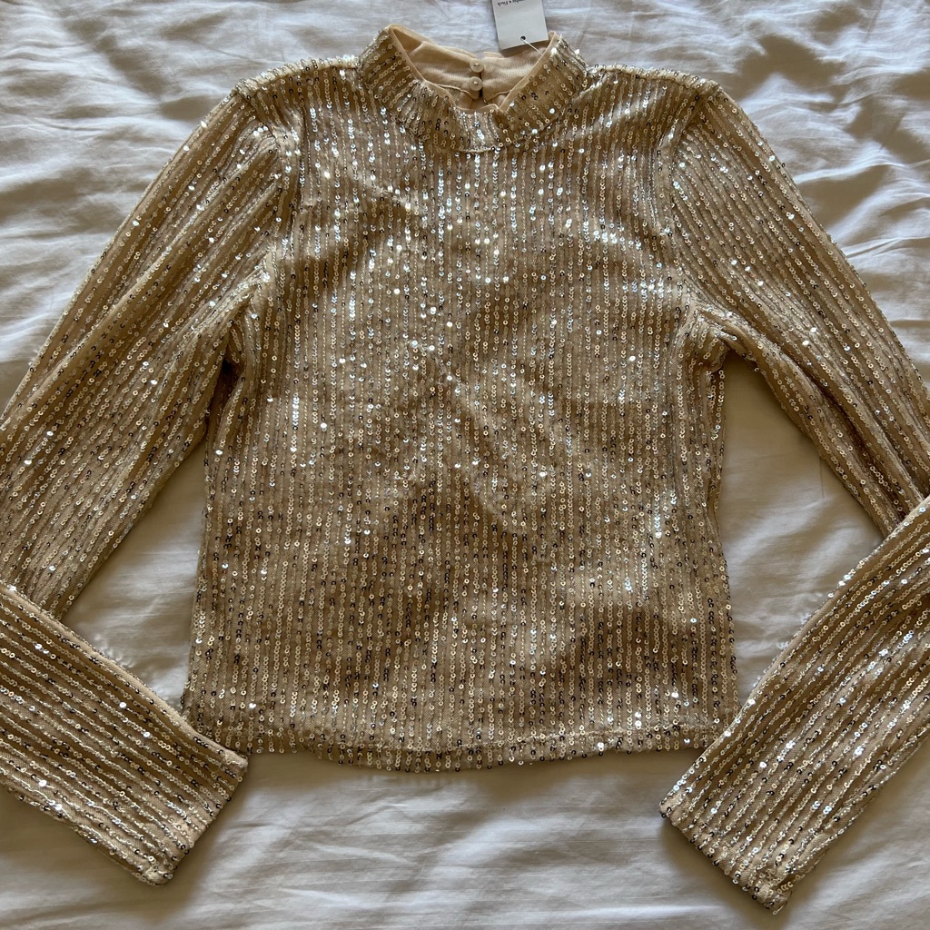 Abercrombie & Fitch Silver Gold Sequin Long Sleeve Mock Neck Shirt Blouse A&F Xs